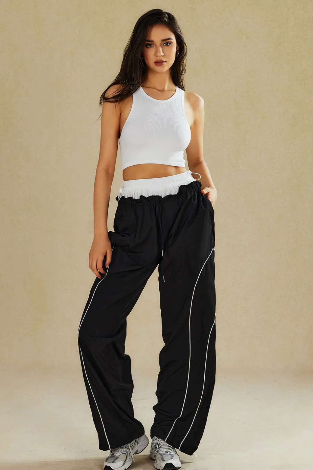 Hot Double Waistband Color Block Trousers Pants
