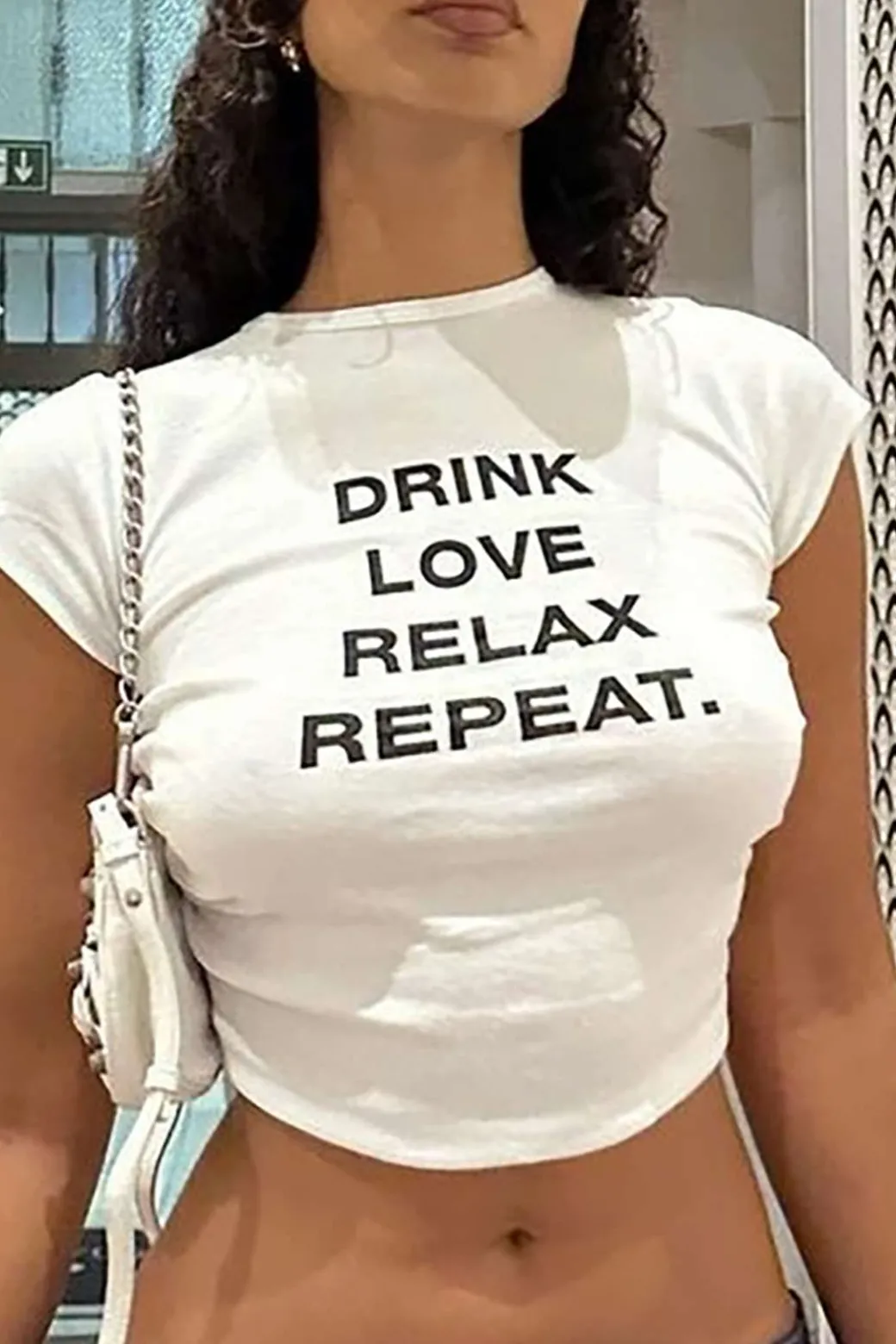 Fashion DRINK LOVE RELAX REPEAT Letter Print Ruched Cut Out T-shirt T-Shirts