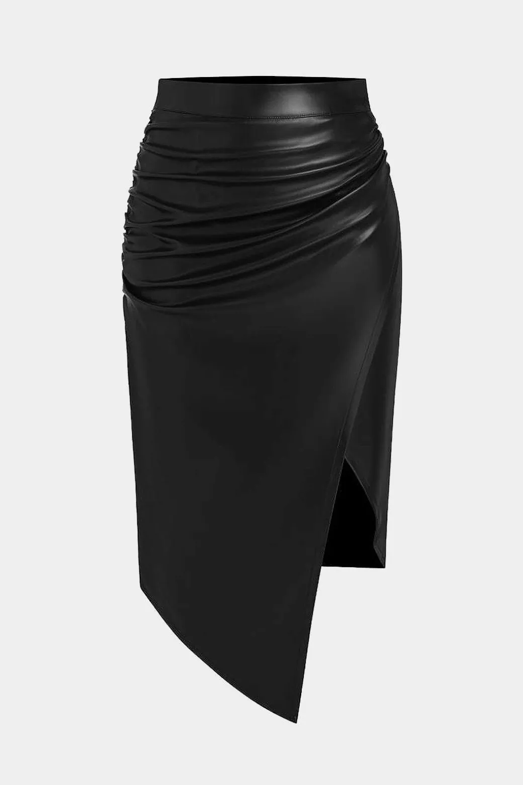 New Faux Leather Asymmetrical Ruched Skirt Skirts