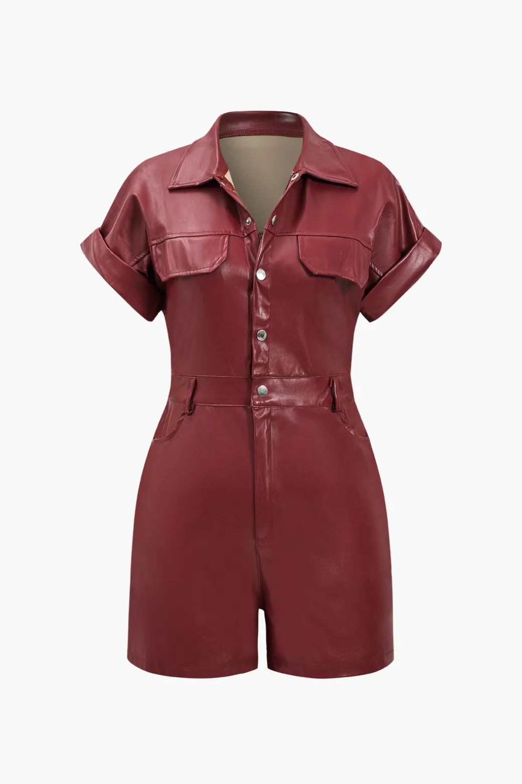 Store Faux Leather Button Pocket Romper Jumpsuits & Rompers