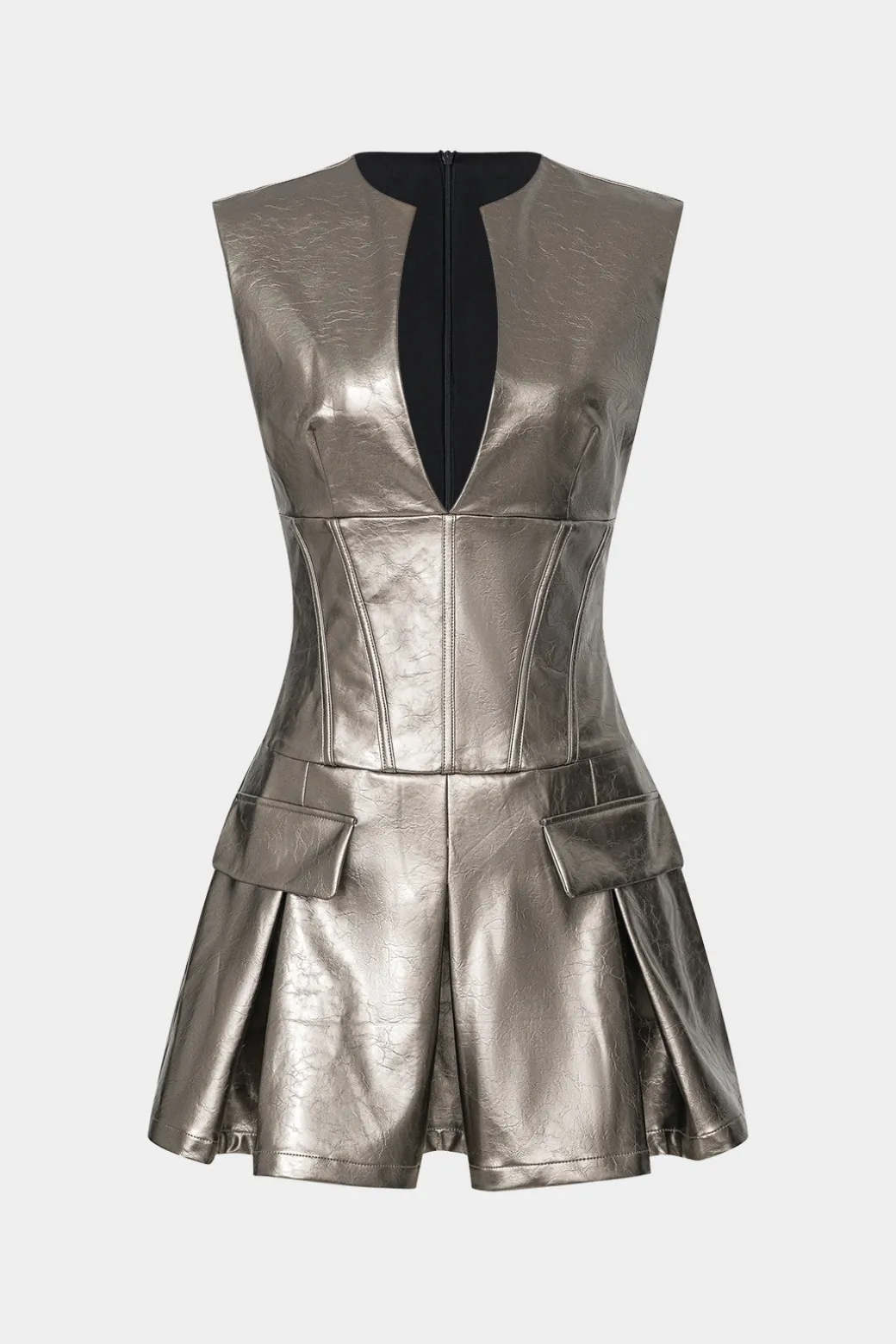 New Faux Leather Fake Pocket V-Neck Sleeveless Mini Dress Mini Dresses