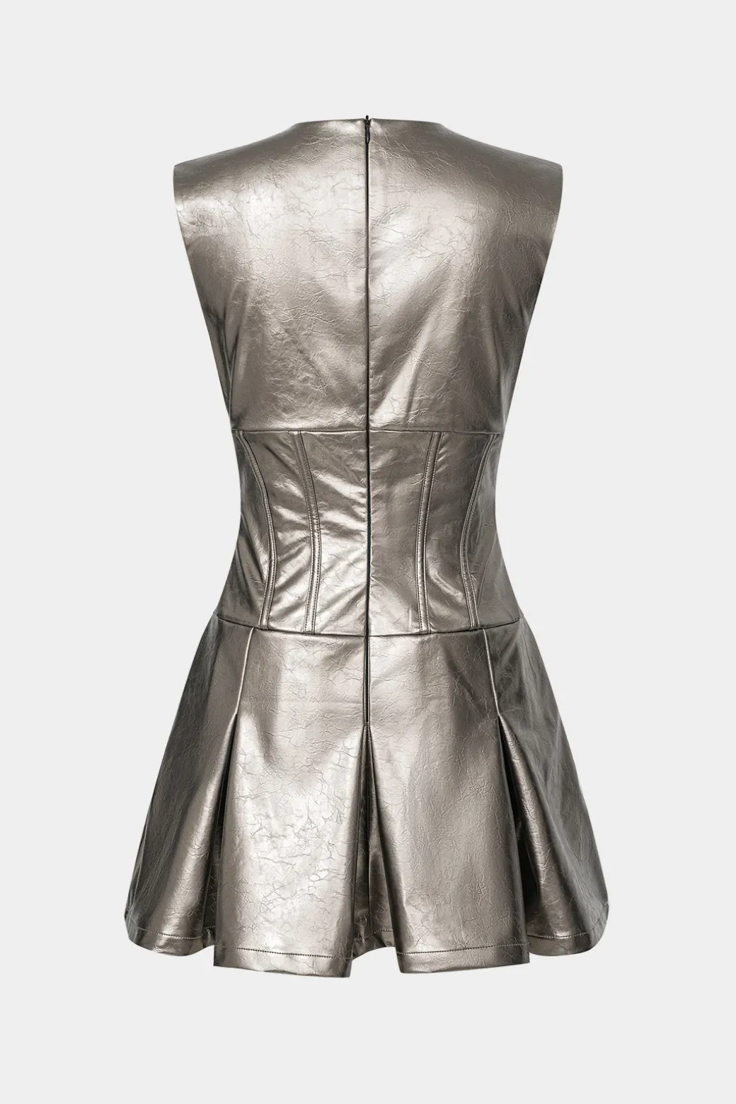 New Faux Leather Fake Pocket V-Neck Sleeveless Mini Dress Mini Dresses