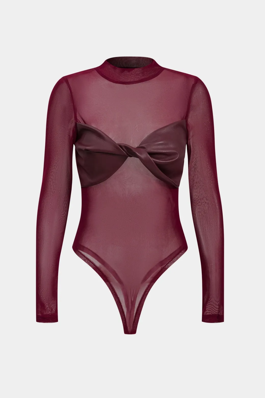 Sale Faux Leather Mesh Patchwork Twist Knot Long Sleeve Bodysuit Bodysuits