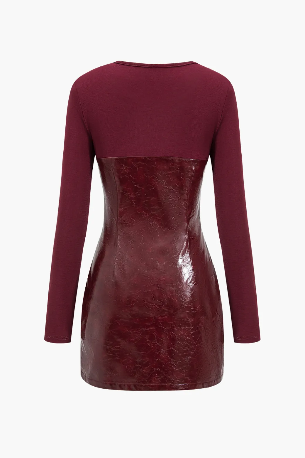 Shop Faux Leather Patchwork Long Sleeve Round Neck Mini Dress Long Sleeve Dresses | Mini Dresses