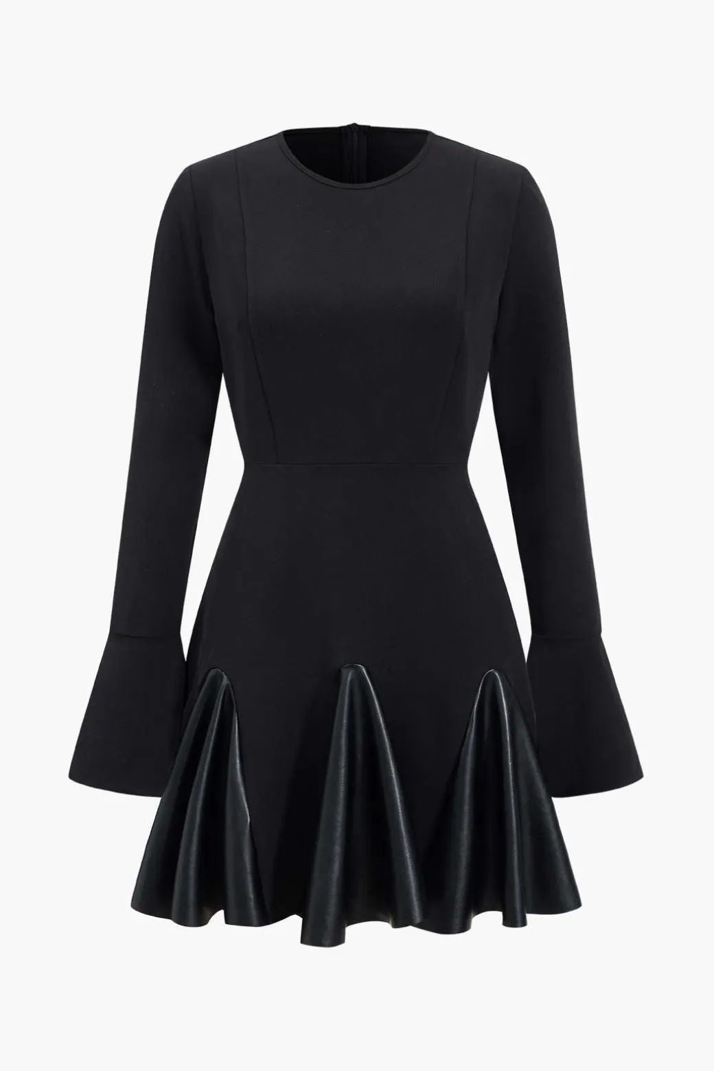 Sale Faux Leather Patchwork Round Neck Long Sleeve Puff Mini Dress Long Sleeve Dresses | Mini Dresses