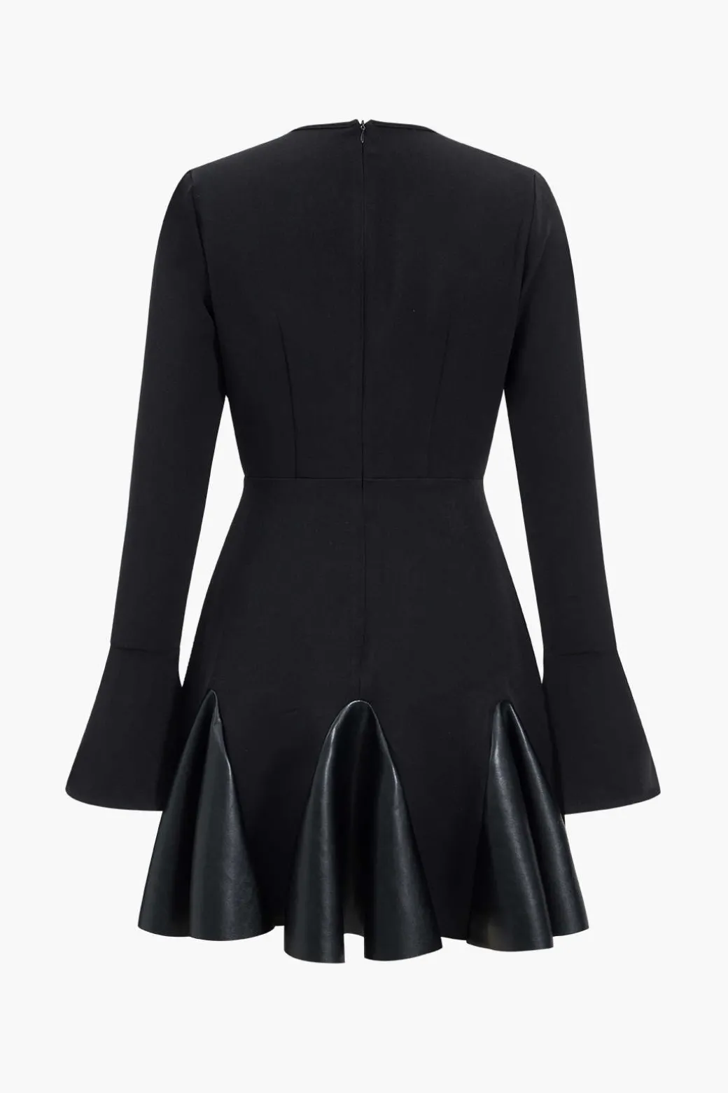 Sale Faux Leather Patchwork Round Neck Long Sleeve Puff Mini Dress Long Sleeve Dresses | Mini Dresses