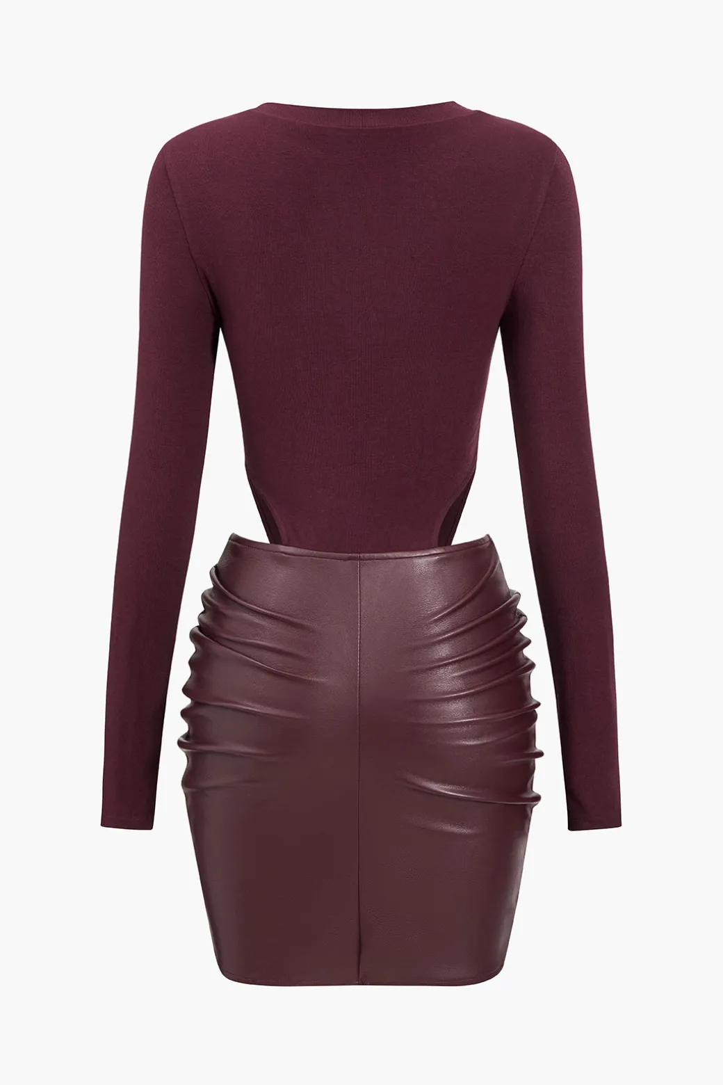 Fashion Faux Leather Patchwork Round Neck Ruched Metallic Long Sleeve Mini Dress Long Sleeve Dresses | Mini Dresses