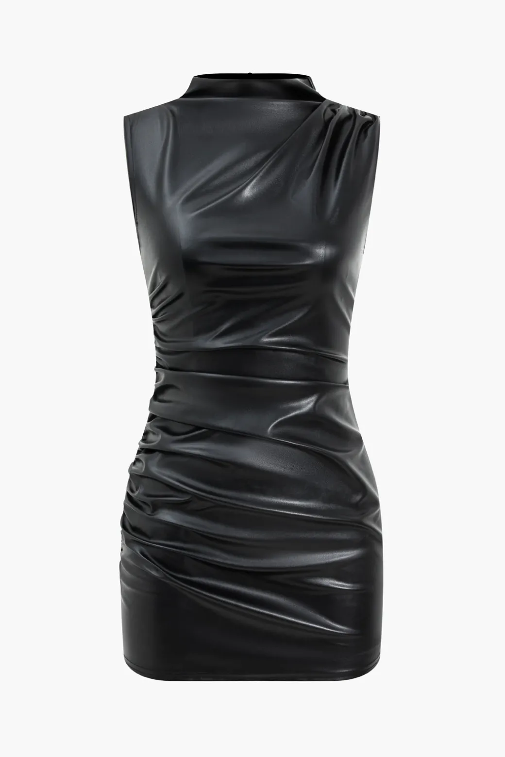 New Faux Leather Ruched Sleeveless Asymmetrical Mini Dress Mini Dresses