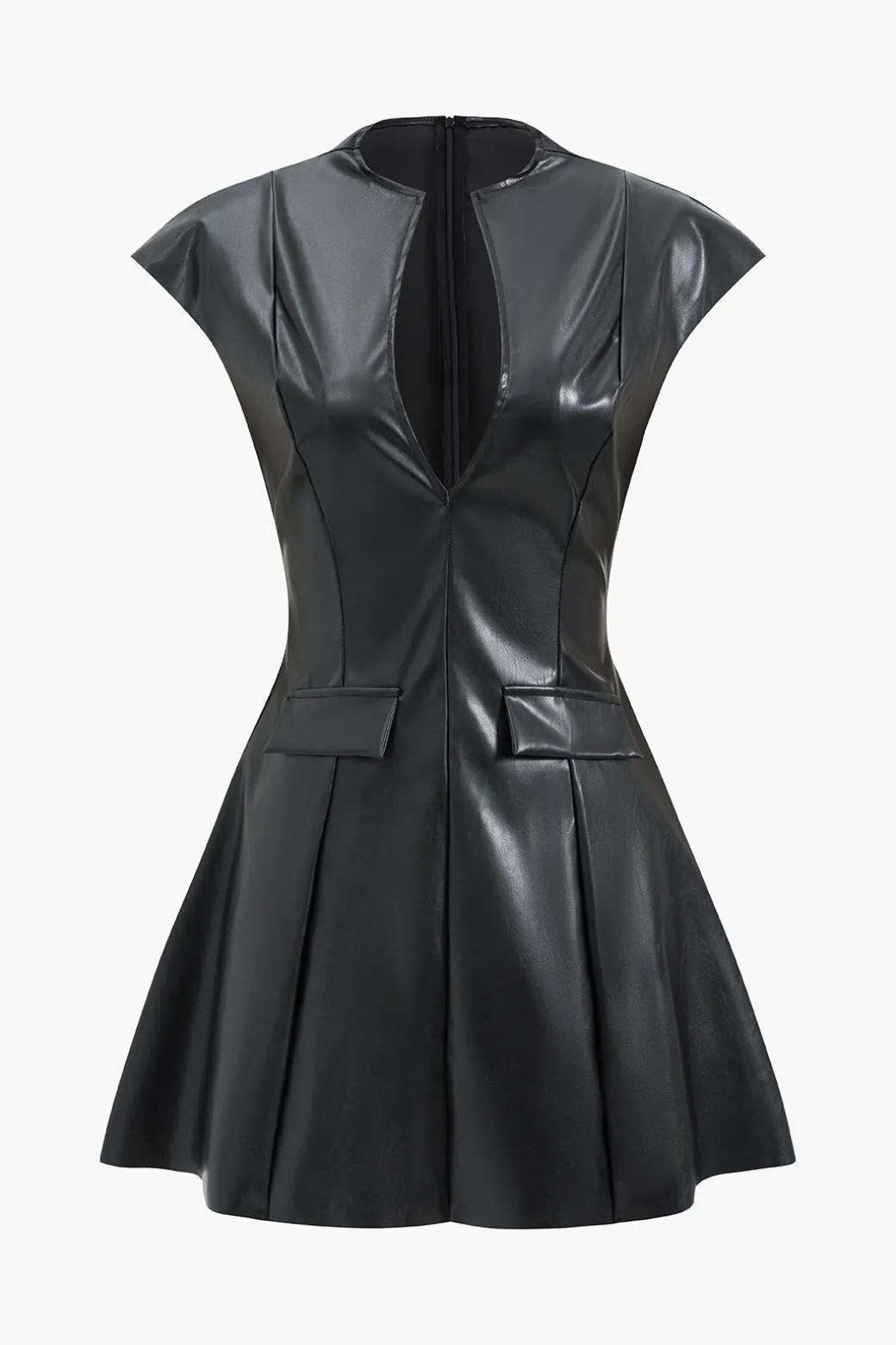 New Faux Leather V-Neck Mini Dress With Fake Pockets Mini Dresses