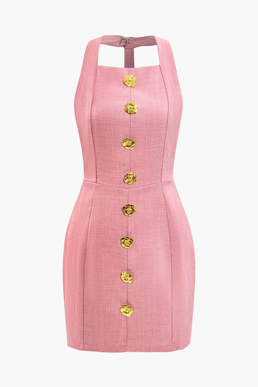Online Floral Button Halter Neck Backless Mini Dress Mini Dresses