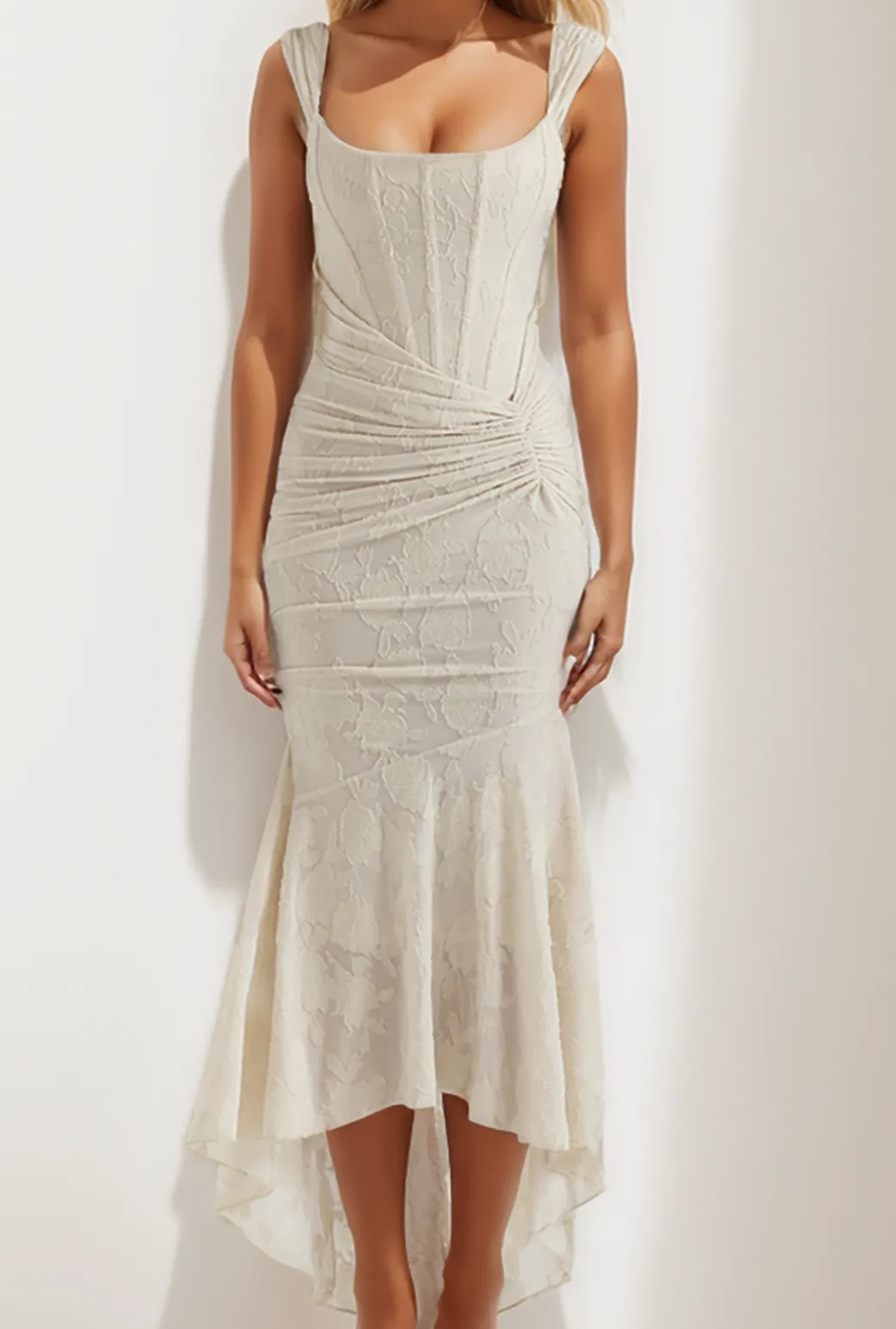 Hot Floral Pattern Asymmetrical Hem Ruched Mermaid Sleeveless Midi Dress Midi Dresses