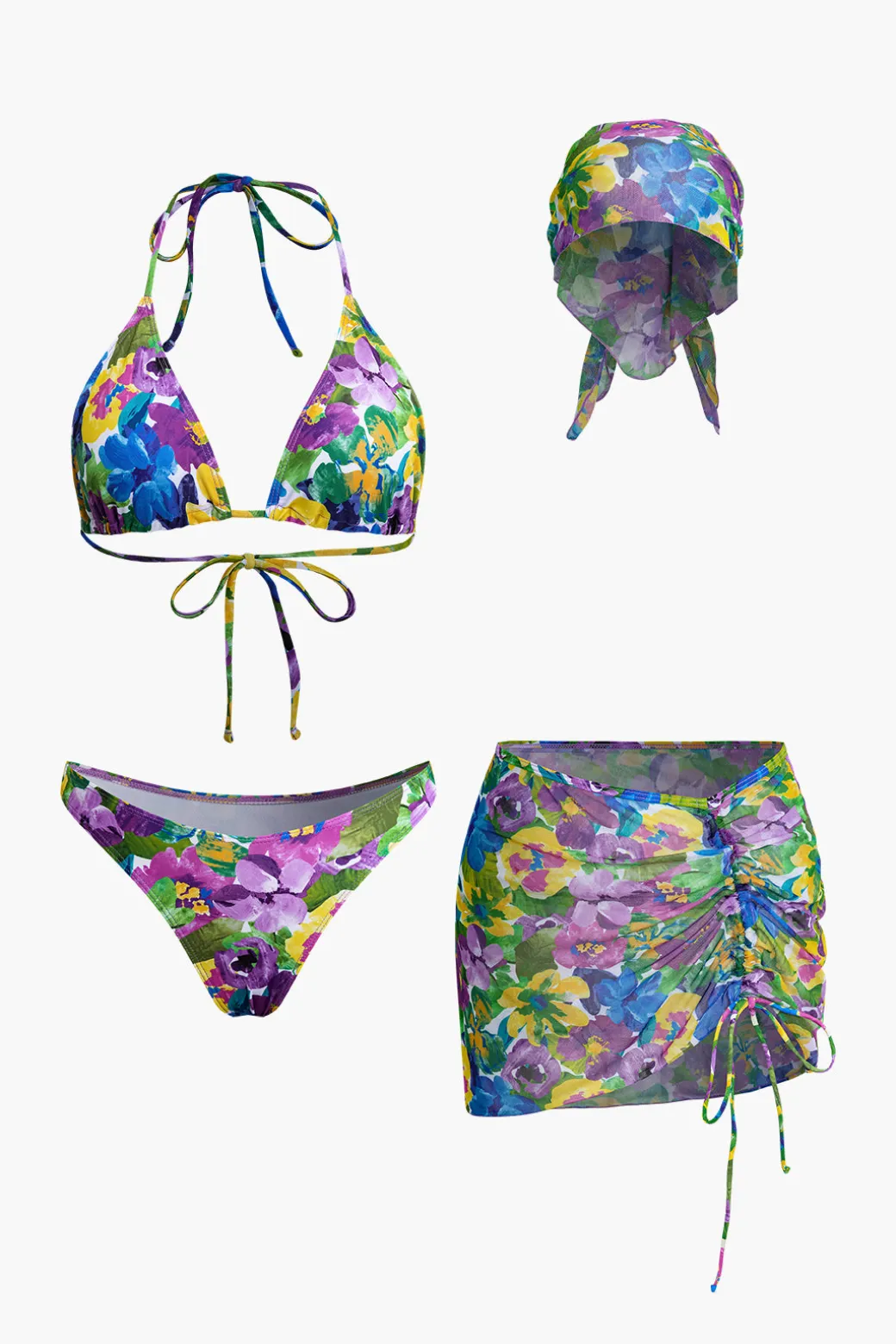 Sale Floral Print Bikini Set With Matching Skirt Cover Up And Headscarf Swimwear