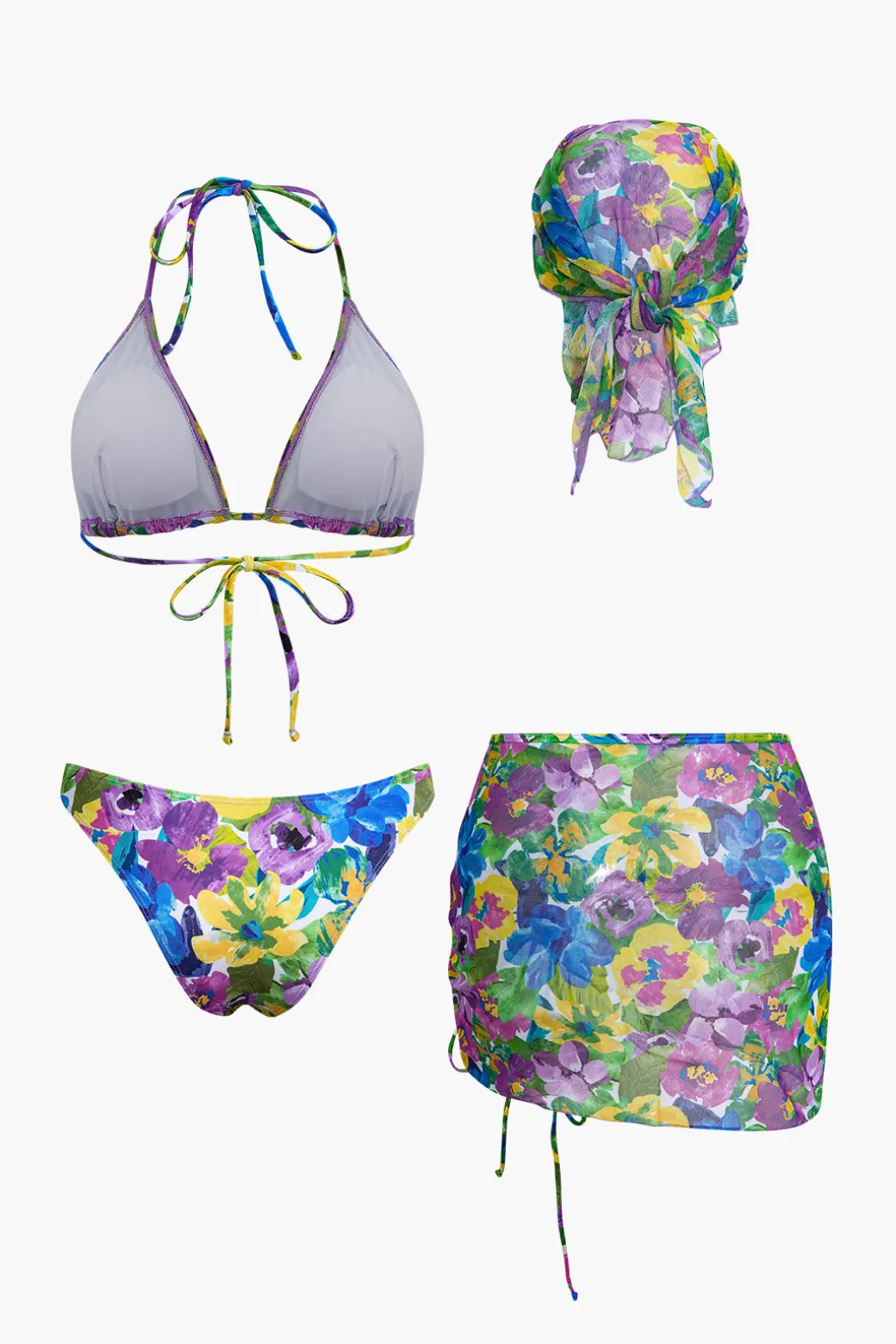 Sale Floral Print Bikini Set With Matching Skirt Cover Up And Headscarf Swimwear