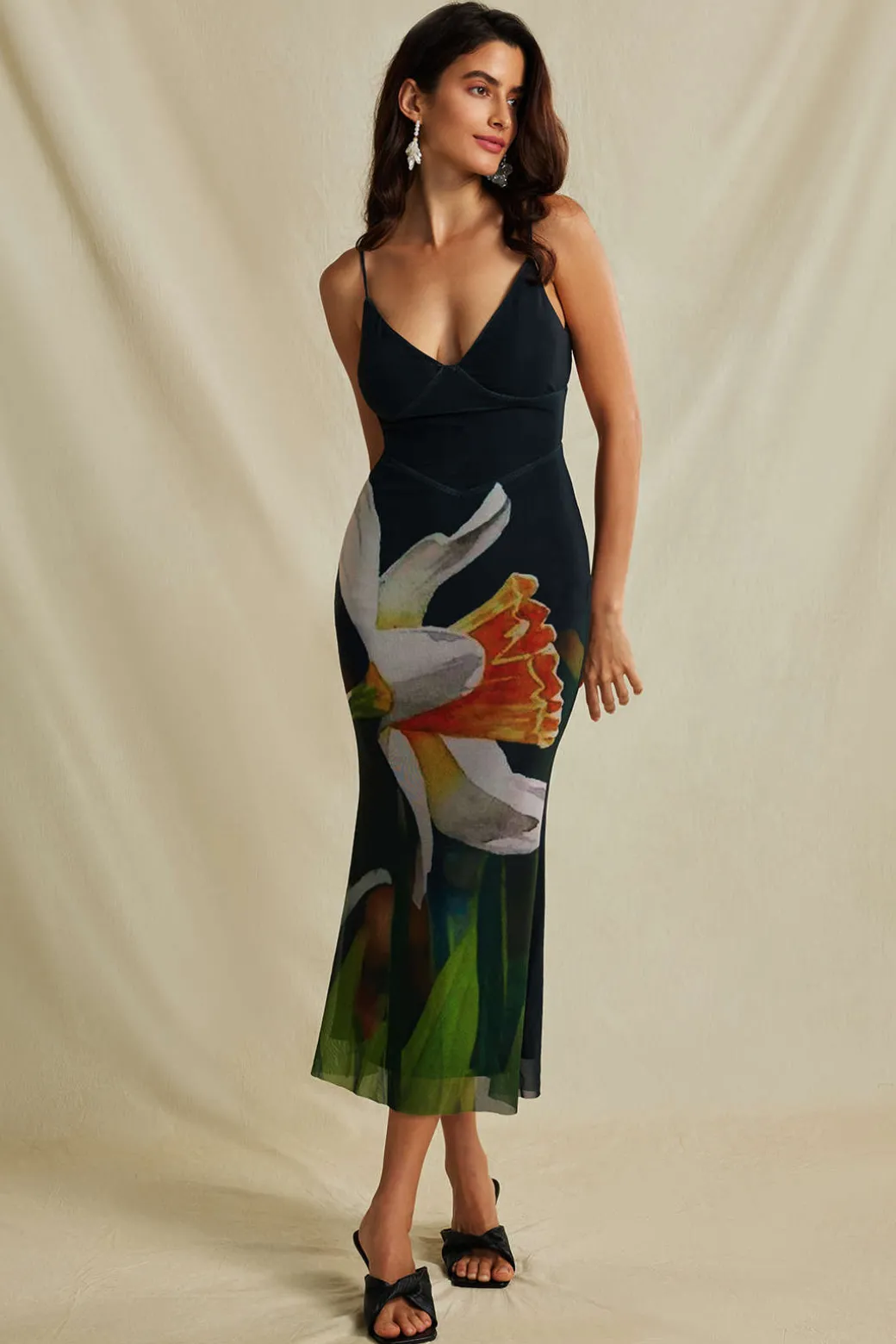 Cheap Floral Print Crisscross Back Mesh Slip Midi Dress Midi Dresses
