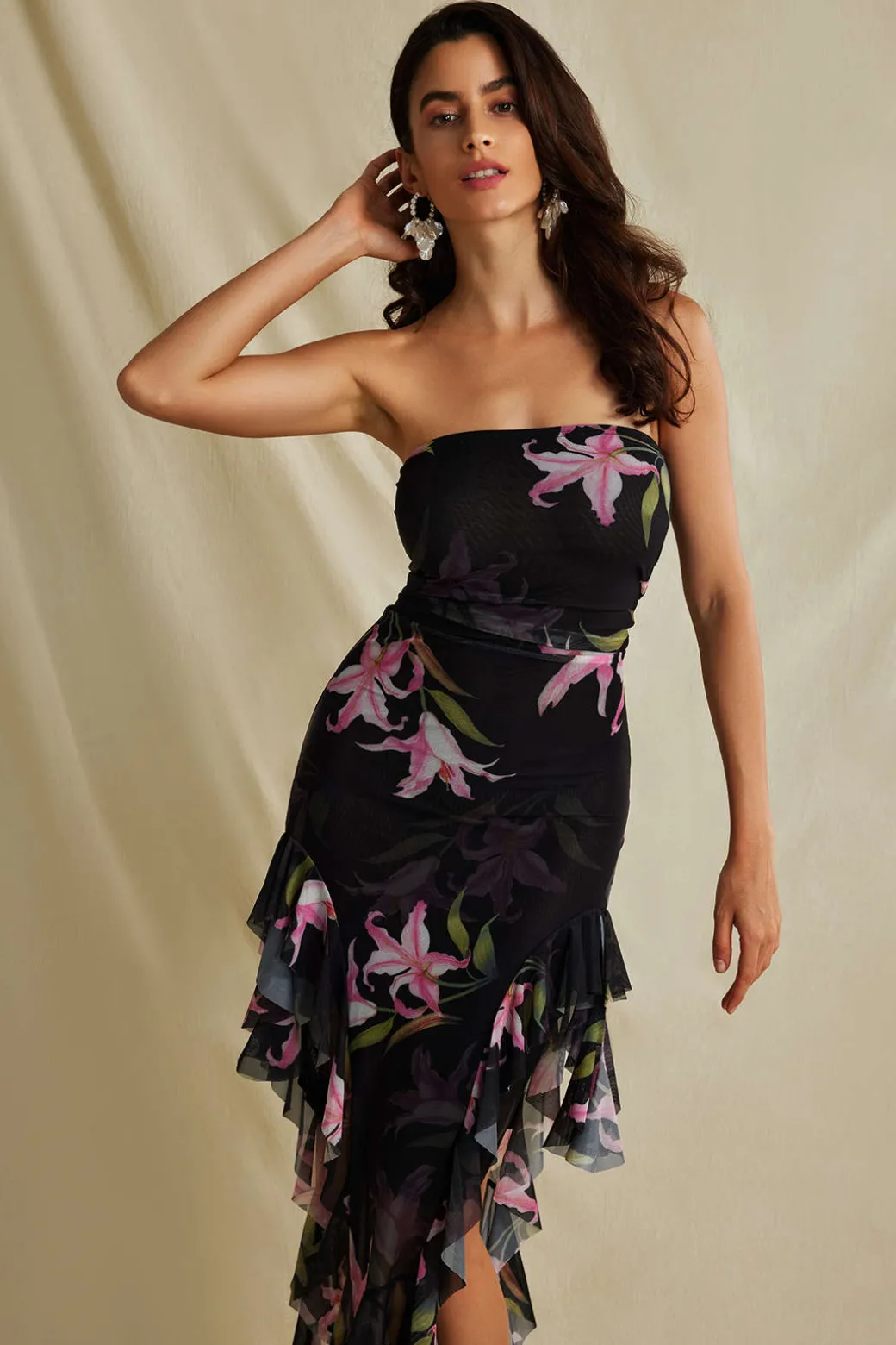 Fashion Floral Print Mesh Ruffle Layered Strapless Midi Dress Maxi Dresses