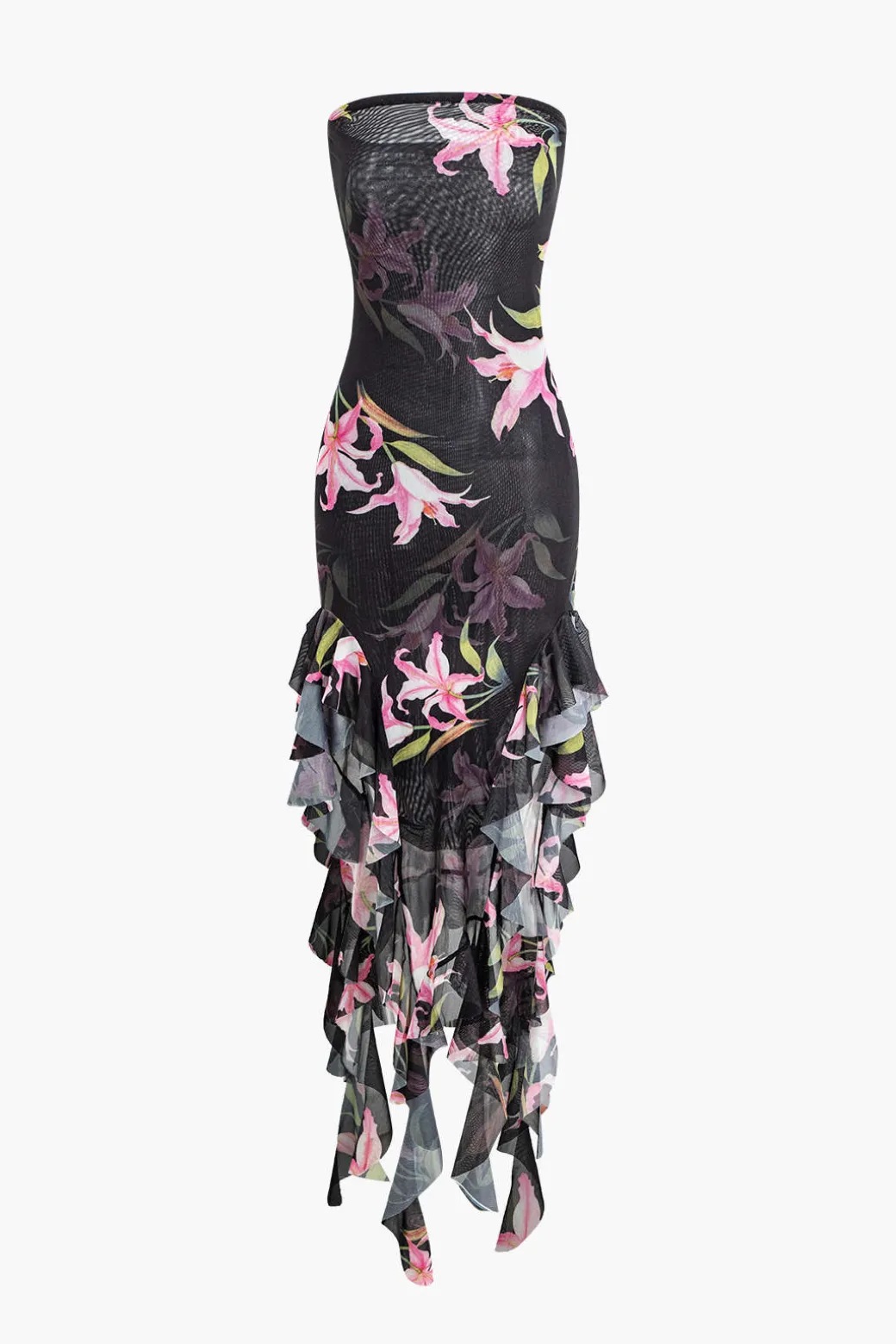 Fashion Floral Print Mesh Ruffle Layered Strapless Midi Dress Maxi Dresses