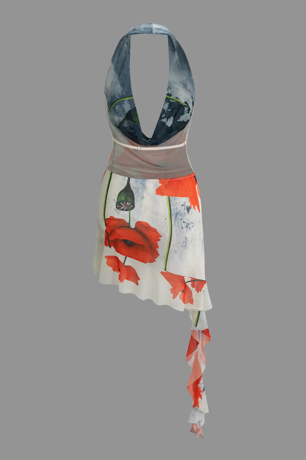 Outlet Floral Print Ruffle Backless V-neck Halter Mini Dress Mini Dresses