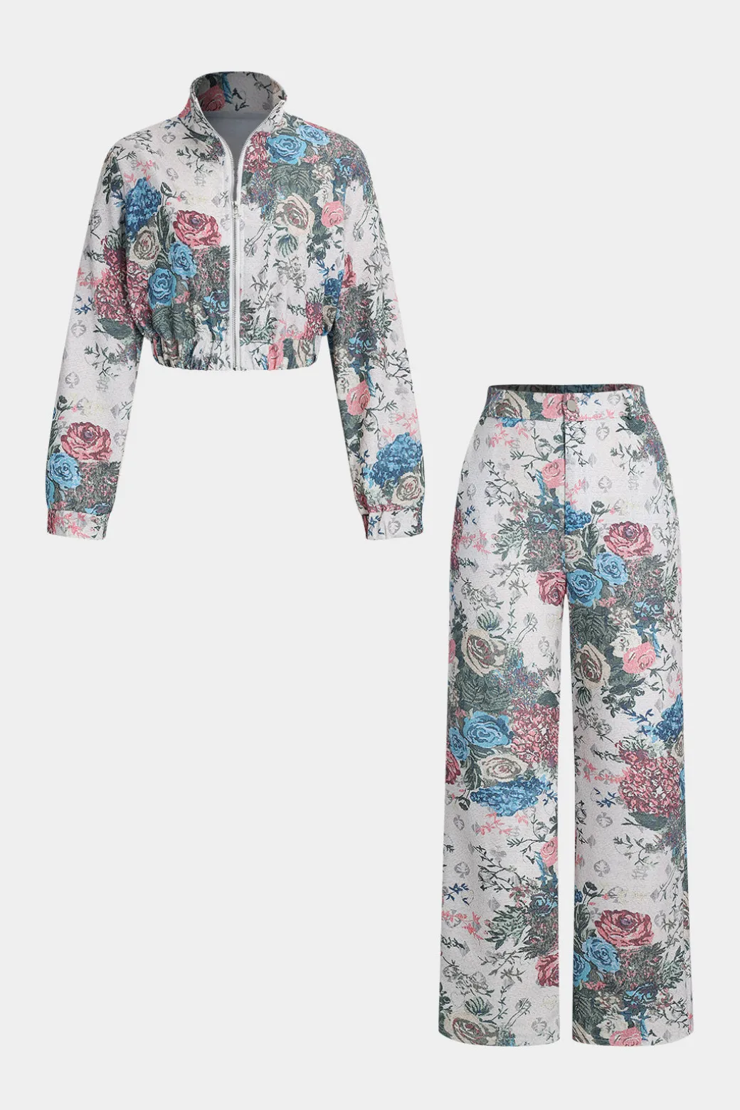 Discount Floral Print Zipper Stand Collar Top And Trousers Set Pant Sets