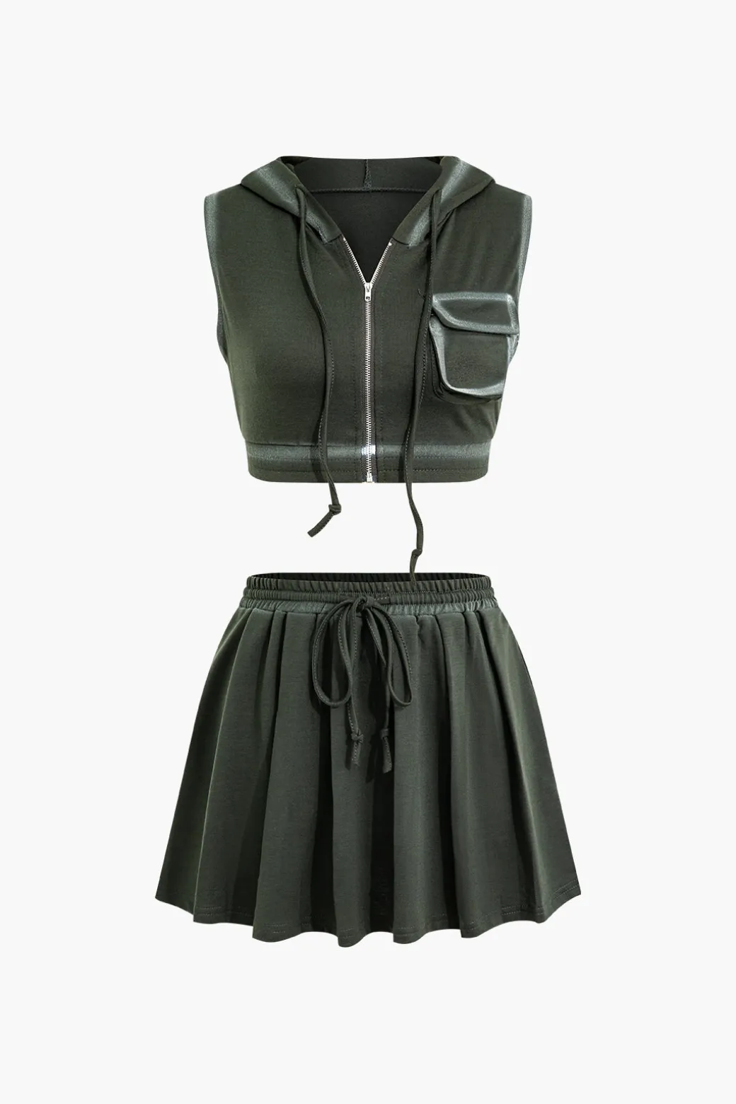 Hot Hooded Crop Top And Drawstring Pleated Mini Skirt Set Skirt Sets