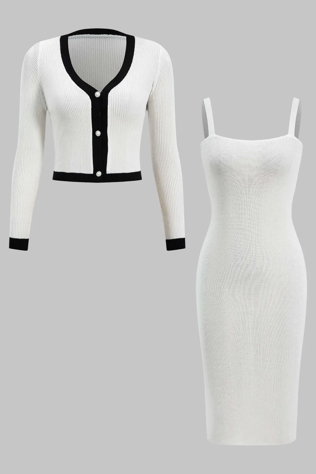 Outlet Knit Button V-Neck Patchwork Long Sleeve Cardigan And Slip Dress Set Knitwear | Knit Sets
