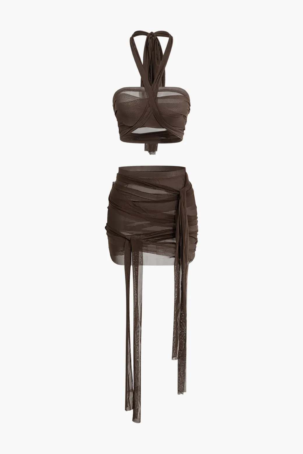 Cheap Knot Tie Halter Mesh Tank Top And Mini Skirt Set Skirt Sets | Vacation Sets