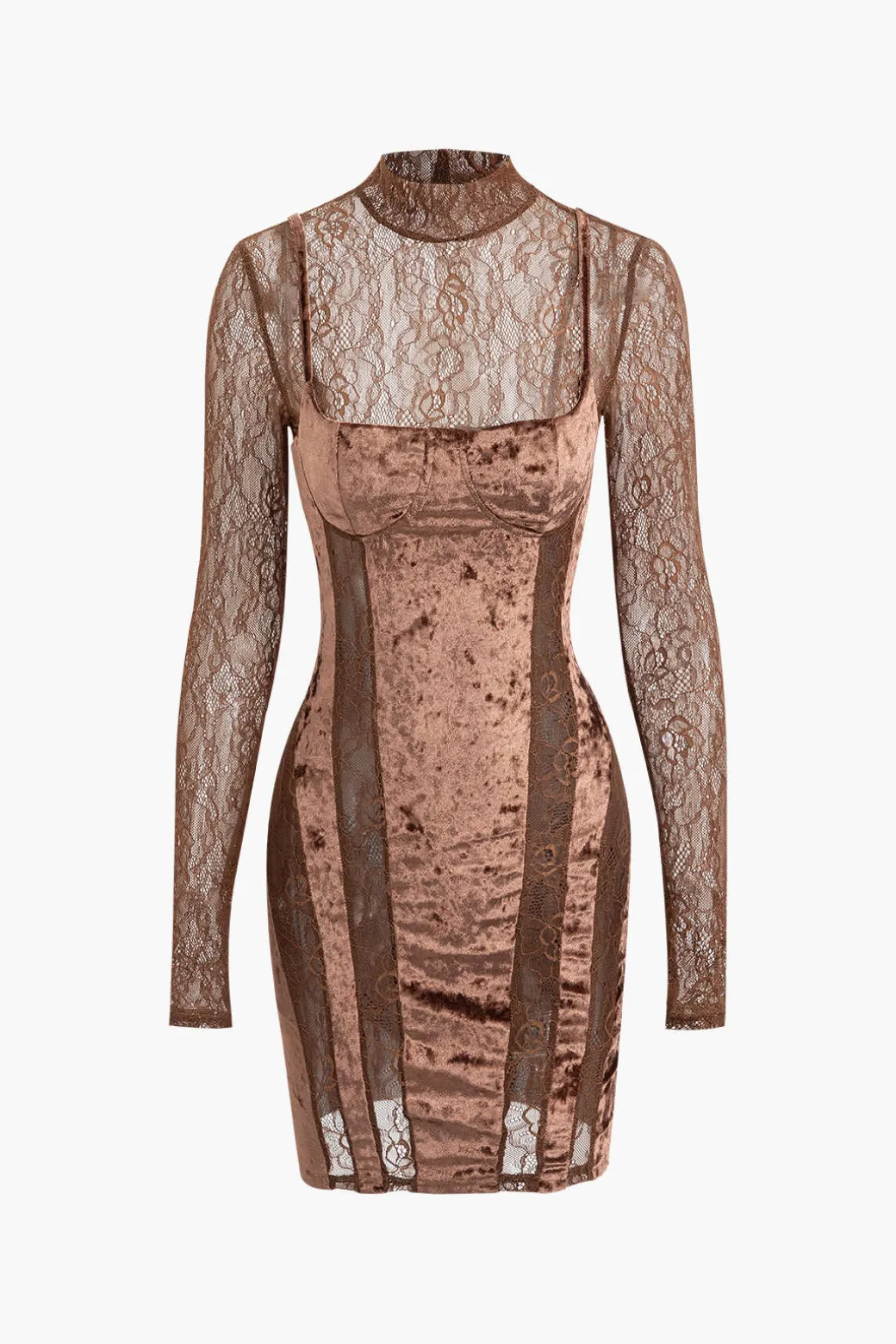 Hot Lace Panel Velvet Mock Neck Long Sleeve Mini Dress Long Sleeve Dresses | Mini Dresses