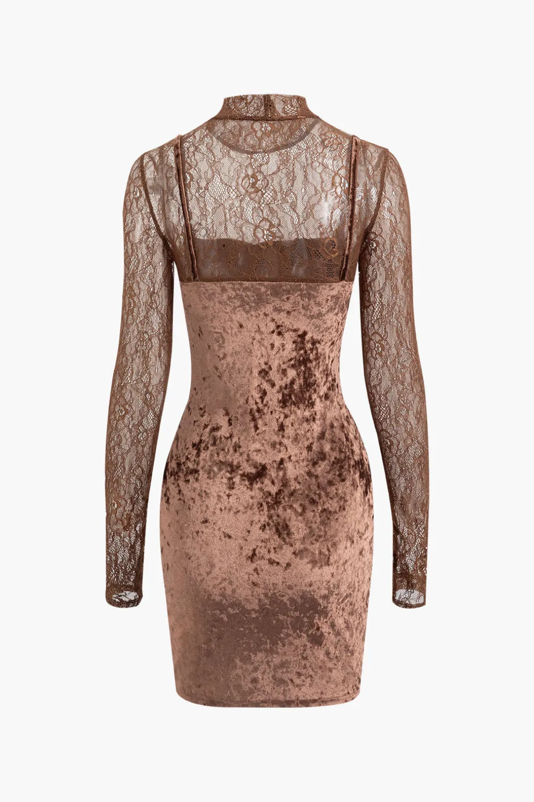 Hot Lace Panel Velvet Mock Neck Long Sleeve Mini Dress Long Sleeve Dresses | Mini Dresses