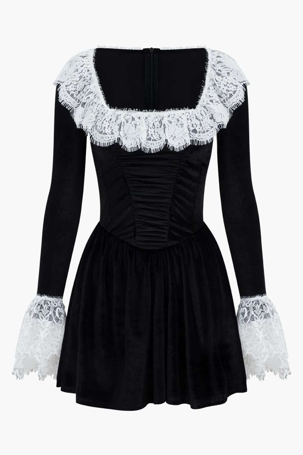 Clearance Lace Patchwork Velvet Long Sleeve Mini Dress Long Sleeve Dresses | Mini Dresses