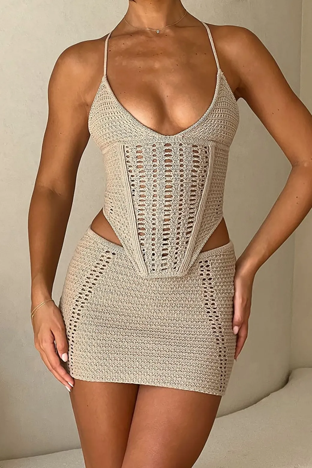 Hot Lace Up Crisscross Knit Crop Top And Mini Skirt Set Knit Sets