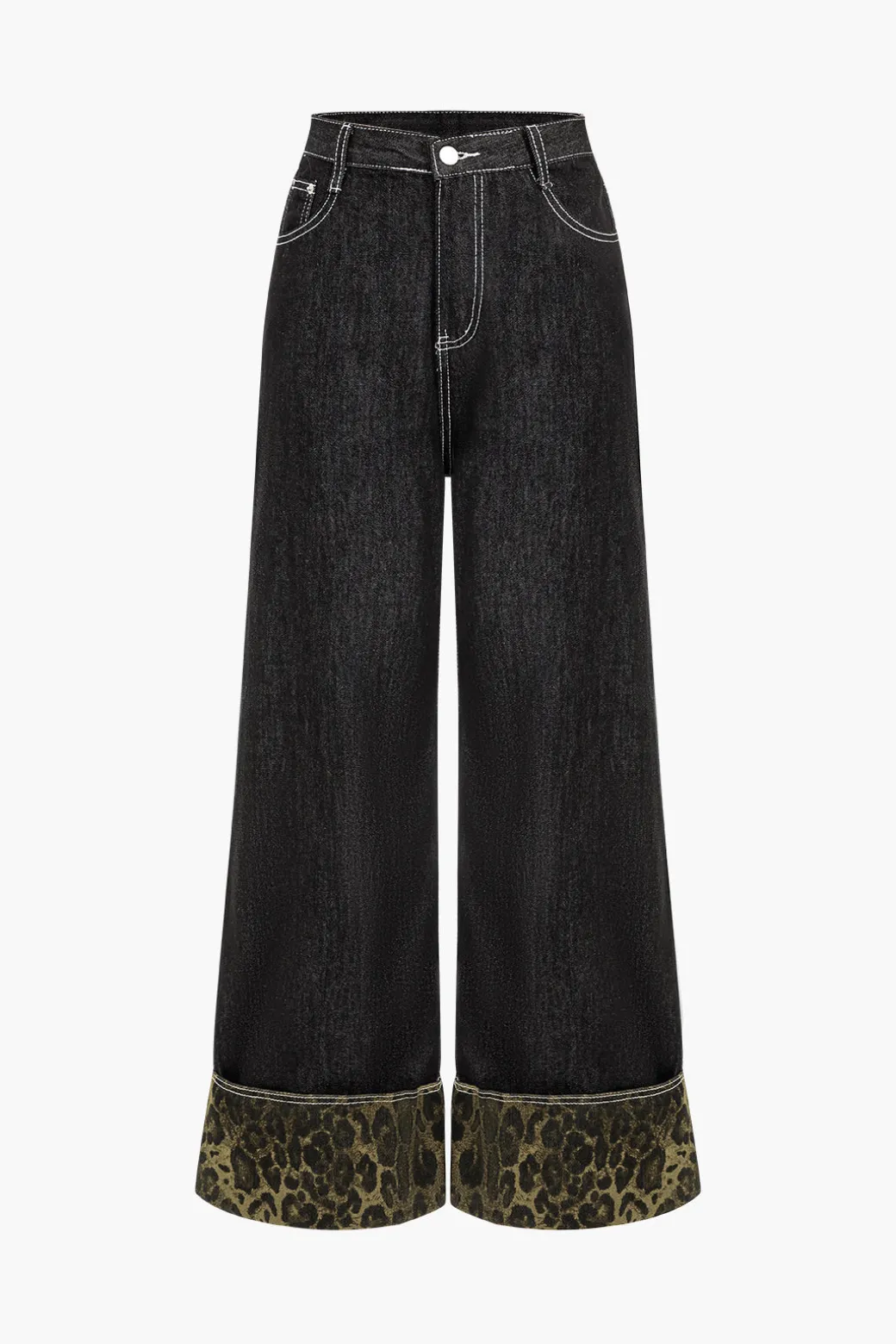 Online Leopard Print Denim Patchwork Straight Leg Jeans Jeans