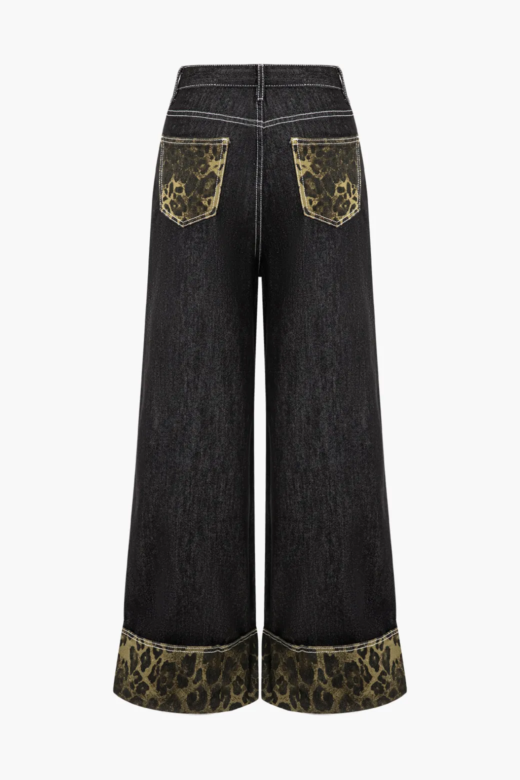 Online Leopard Print Denim Patchwork Straight Leg Jeans Jeans