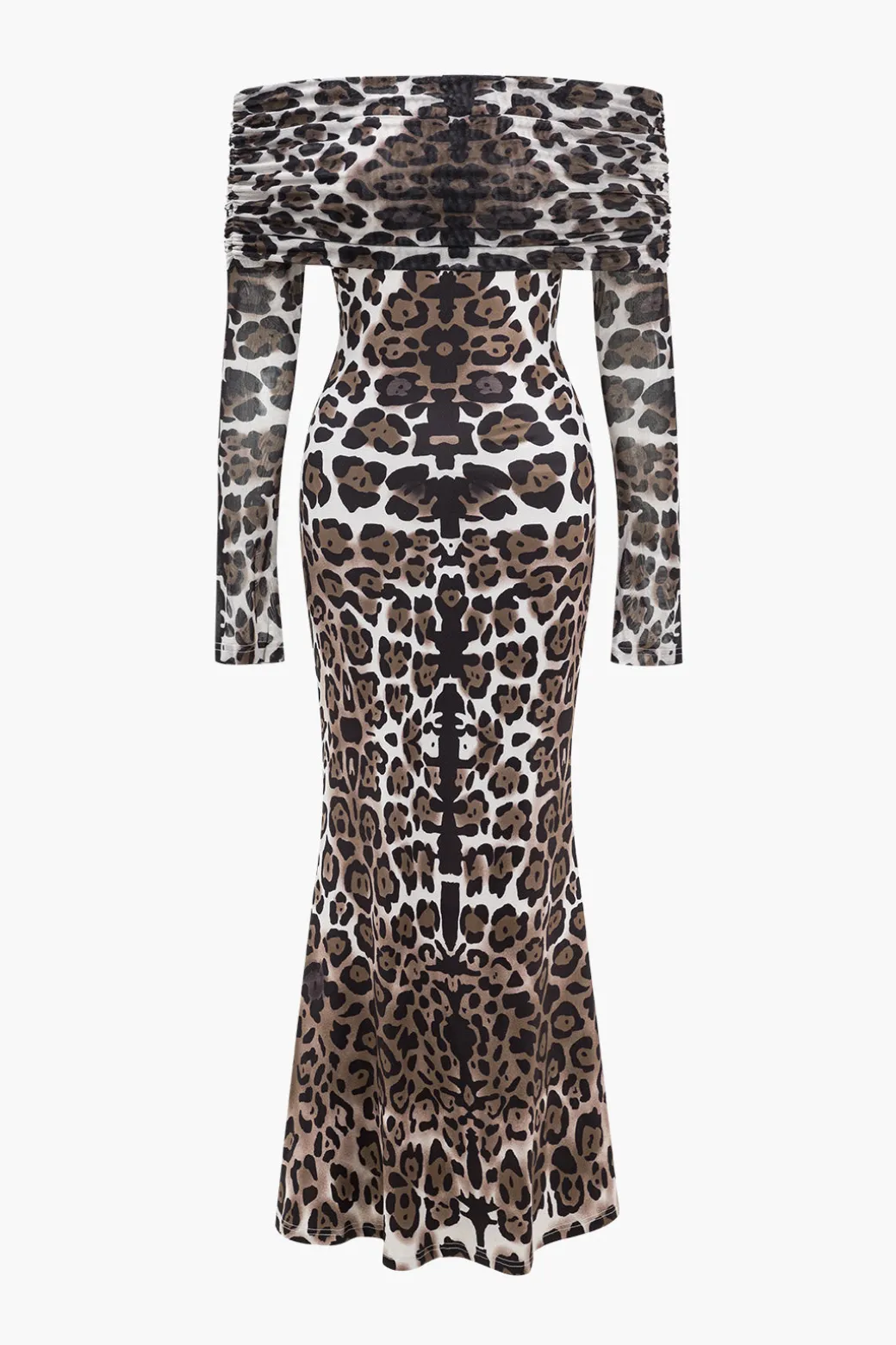 Clearance Leopard Print Mesh Off Shoulder Long Sleeve Maxi Dress Long Sleeve Dresses | Maxi Dresses