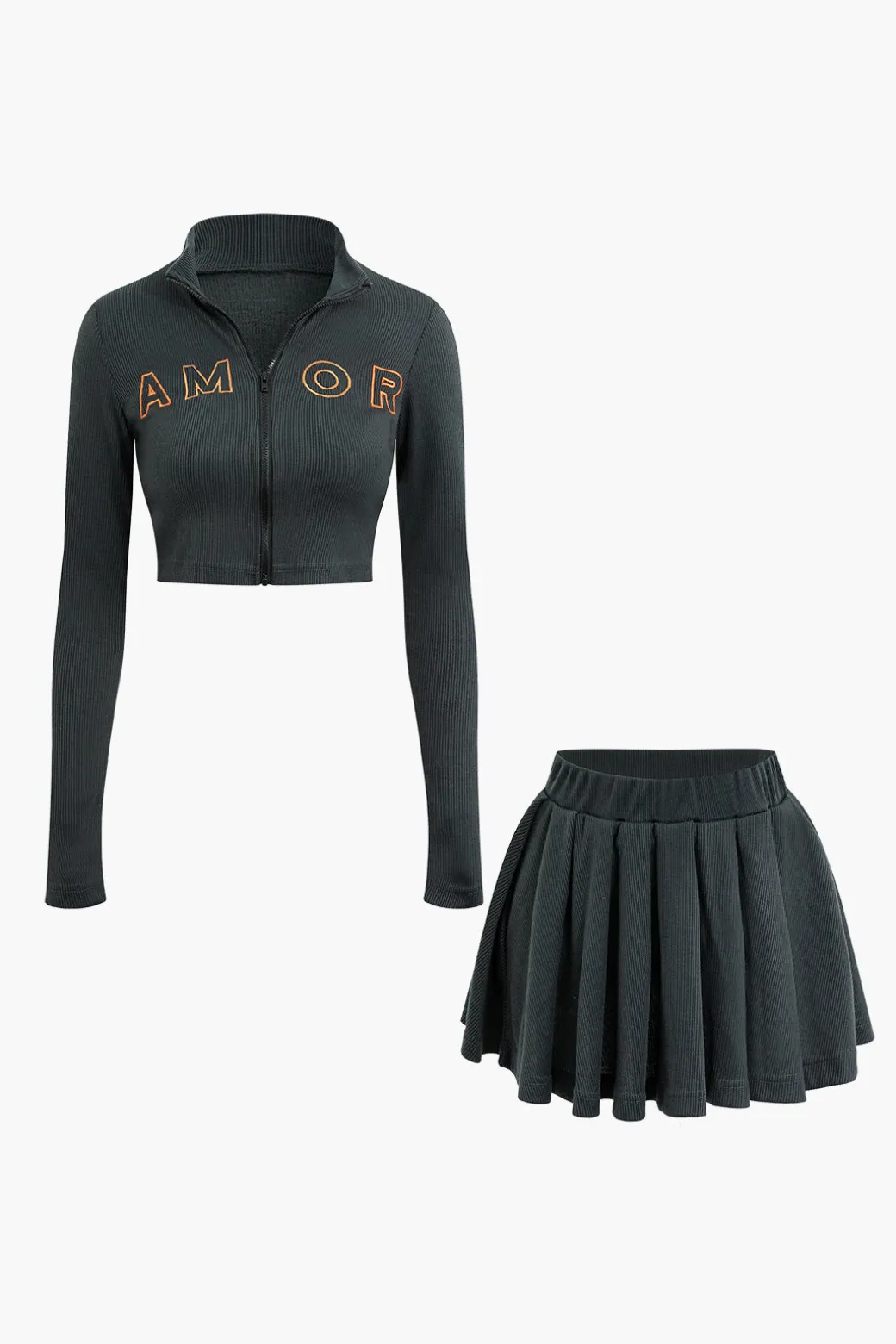 Discount Letter Embroidered Rib Knit Stand Collar Zipper Crop Cardigan And Pleated Mini Skirt Set Skirt Sets