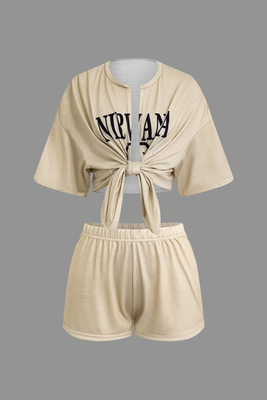 New Letter Print Tie Front Crop Top And Shorts Set Short Sets | Vacation Sets