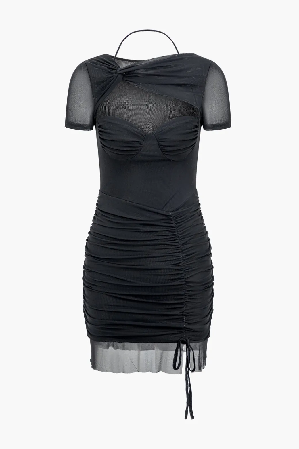 Outlet Mesh Cut Out Twist Drawstring Ruched Tie Mini Dress Mini Dresses
