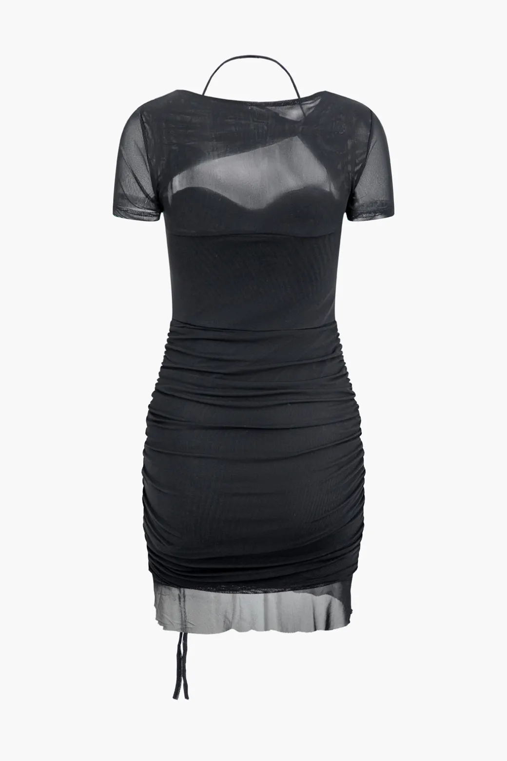 Outlet Mesh Cut Out Twist Drawstring Ruched Tie Mini Dress Mini Dresses