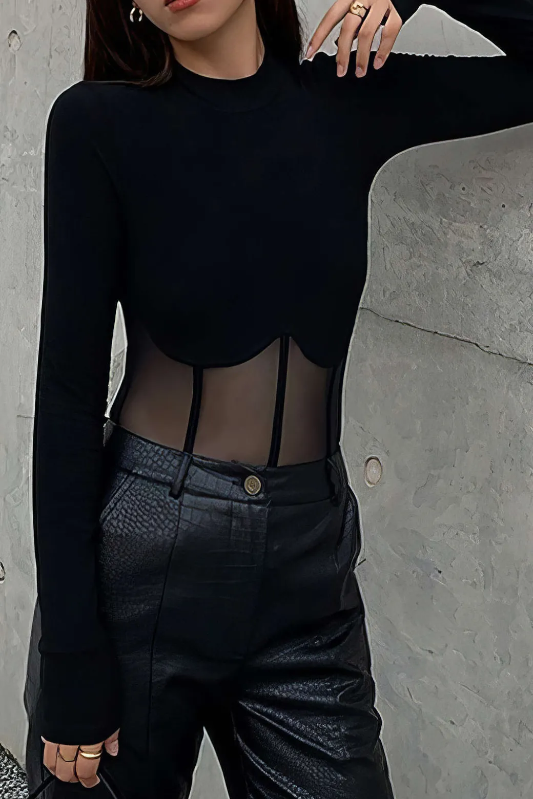 Hot Mesh Patchwork Corset Round Neck Long-Sleeve Top Long Sleeve Tops | Long Sleeves Tops