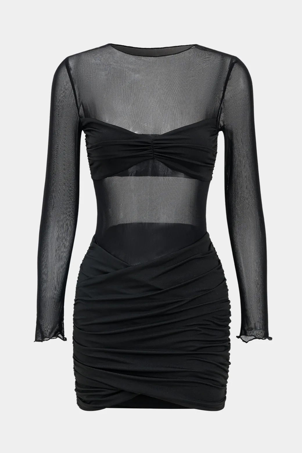 Fashion Mesh Patchwork Round Neck Long Sleeve Mini Dress Long Sleeve Dresses | Mini Dresses