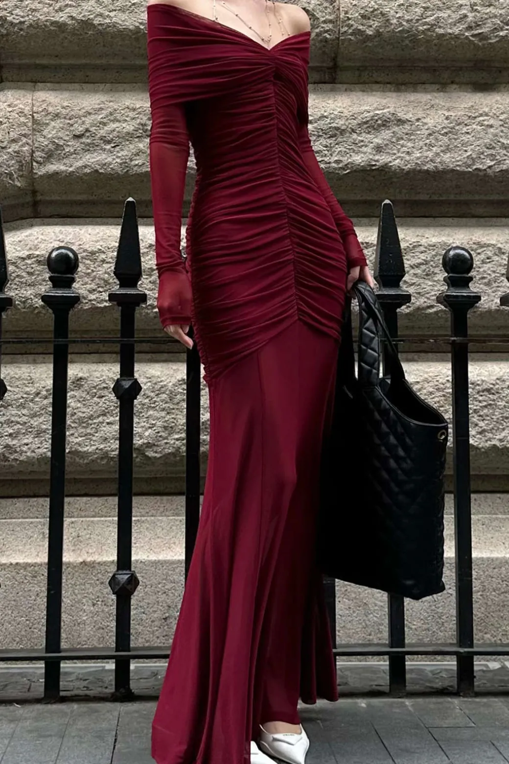Fashion Mesh Sheer Ruched Off Shoulder Long Sleeve Maxi Dress Long Sleeve Dresses | Maxi Dresses