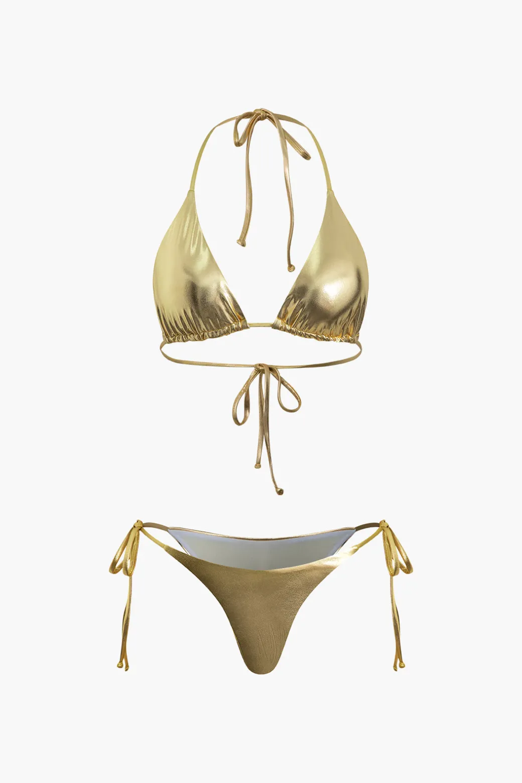 New Metallic Halter Side Tie Bikini Set Swimwear