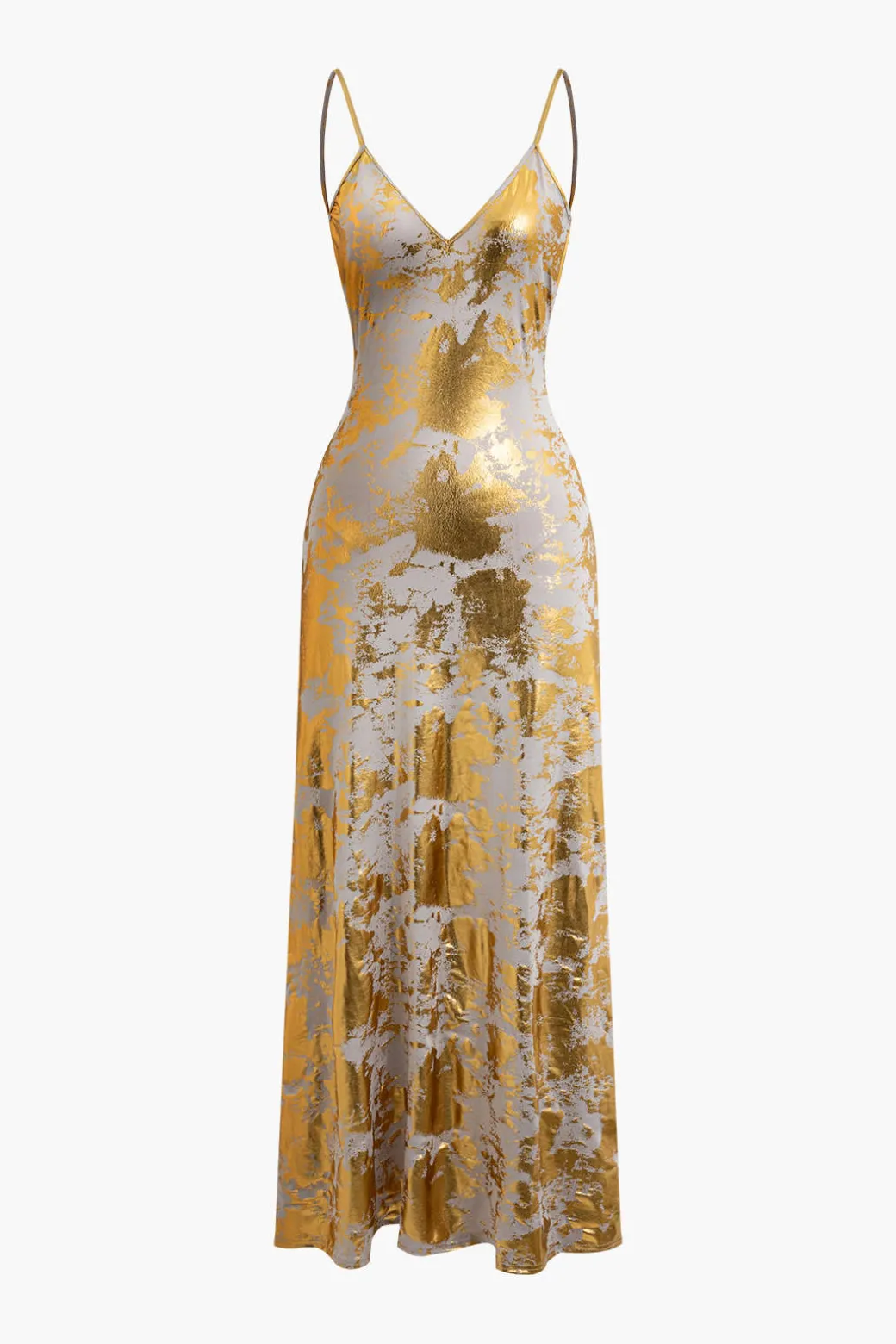 New Metallic Print V-neck Backless Slip Maxi Dress Maxi Dresses