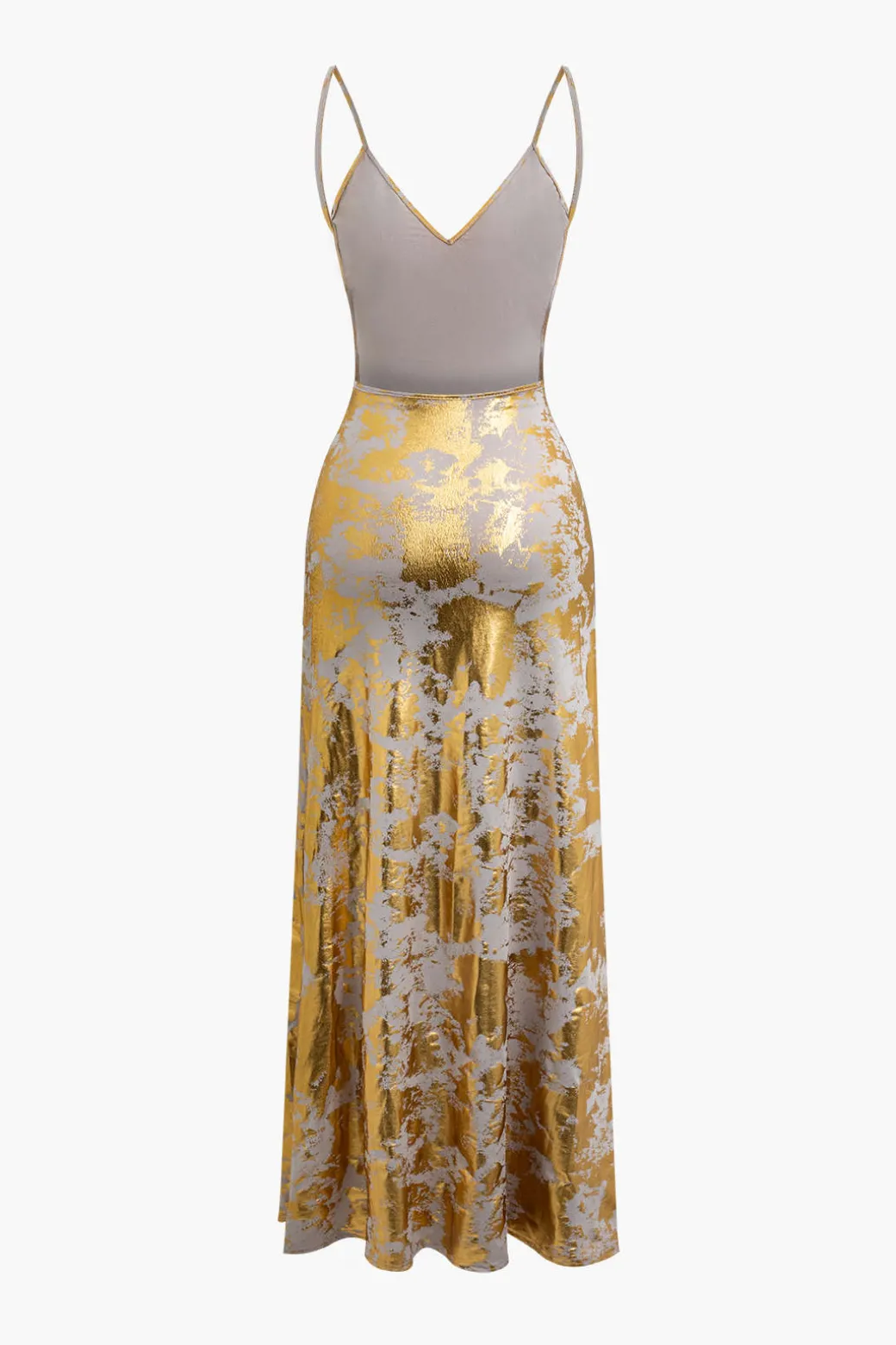 New Metallic Print V-neck Backless Slip Maxi Dress Maxi Dresses