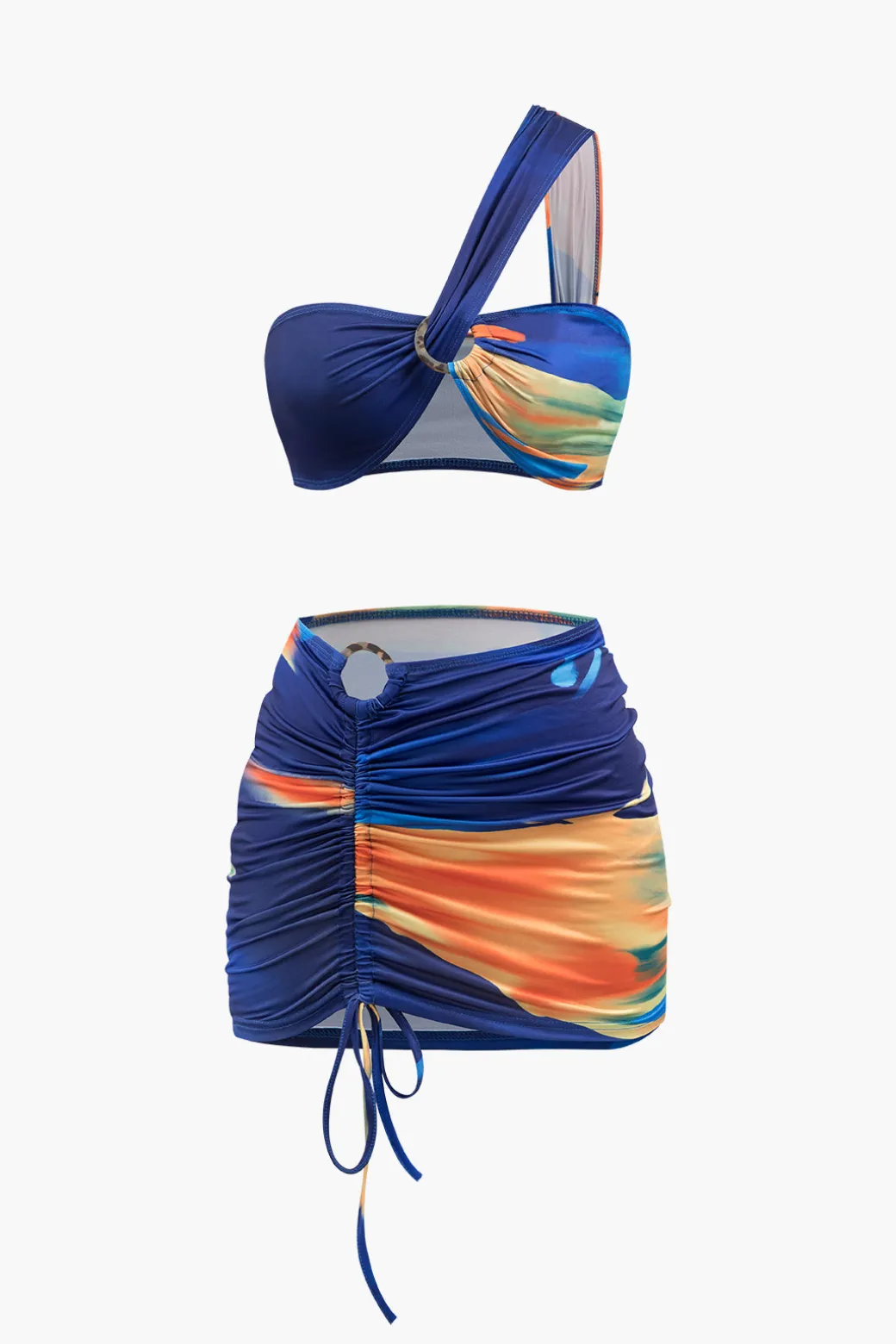 Discount Multi Print One Shoulder Crop Top And Ruched Drawstring Mini Skirt Set Swimwear | Vacation Sets