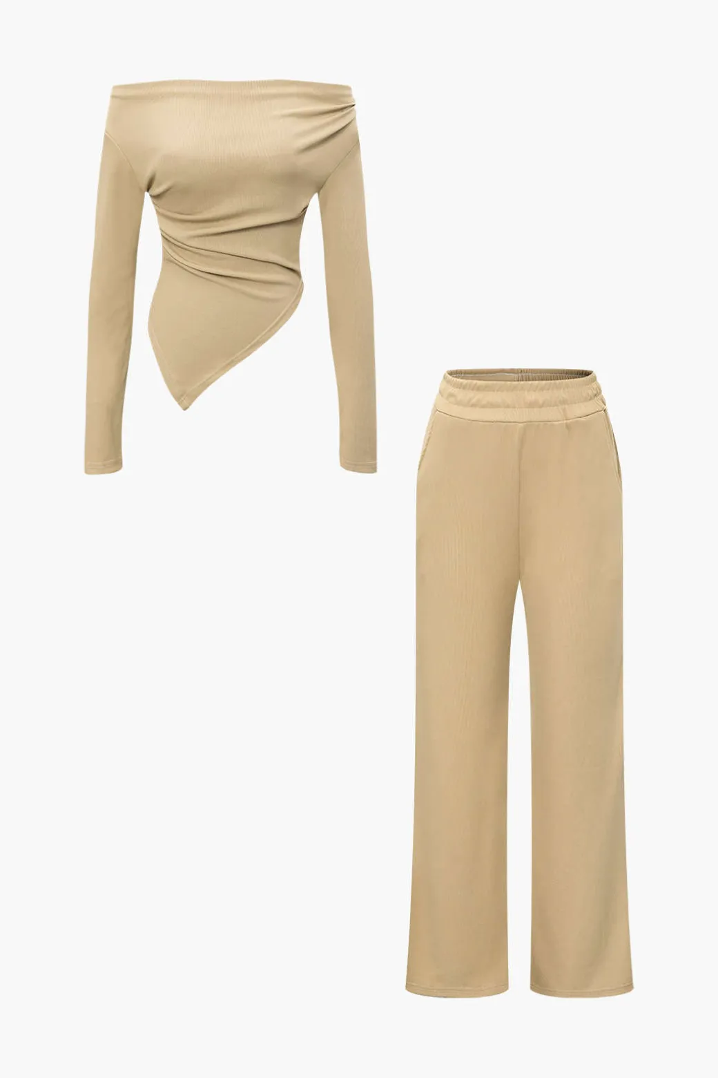 Clearance Off Shoulder Ruched Asymmetric Top And Straight Leg Pants Set Pant Sets