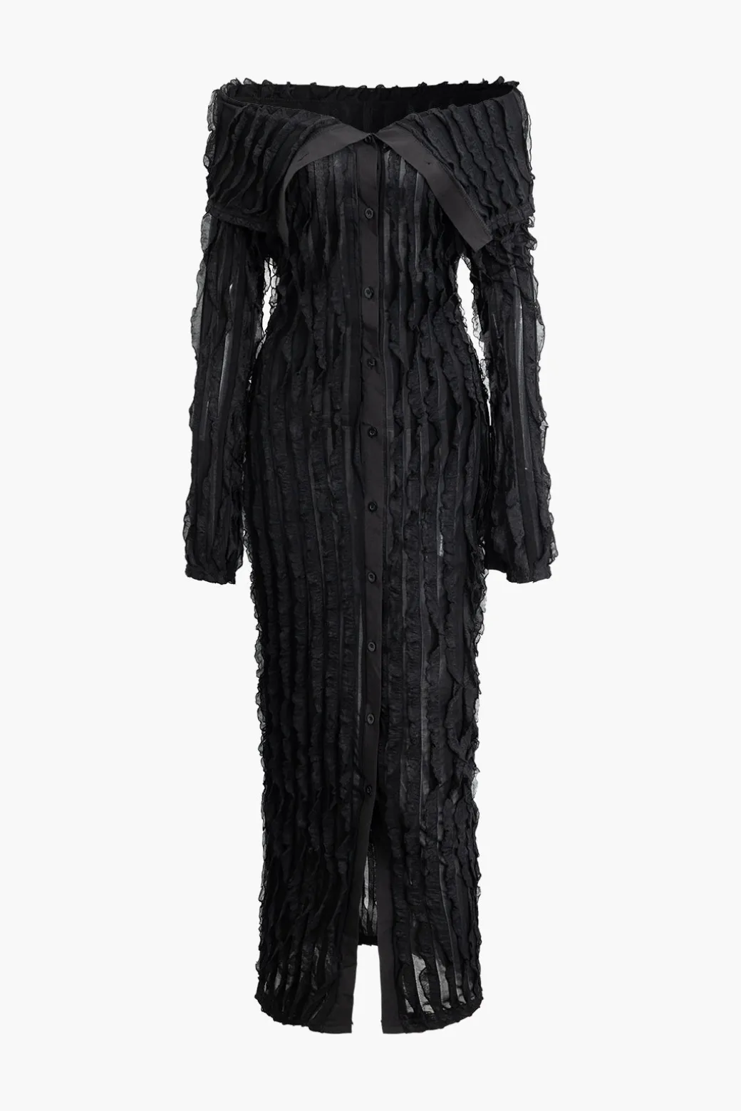 Fashion Off Shoulder Textured Button Up Slit Long Sleeve Maxi Dress Long Sleeve Dresses | Maxi Dresses