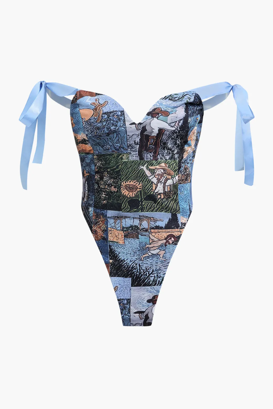 Hot Oil Painting Pattern Drawstring Strappy Top And Pocket Trousers Set Pant Sets