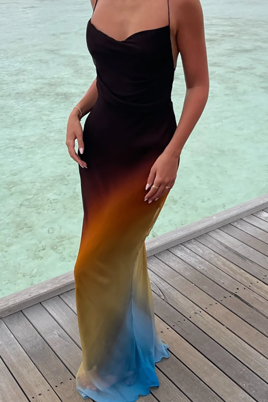 Flash Sale Ombre Mesh Cowl Neck Cross Strap Maxi Dress Maxi Dresses