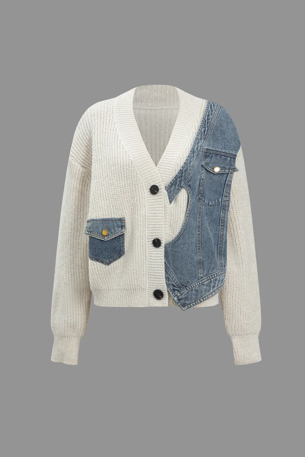 Fashion Patchwork Denim Knit Color Block Button Asymmetrical Pocket Cardigan Outerwear | Knitwear