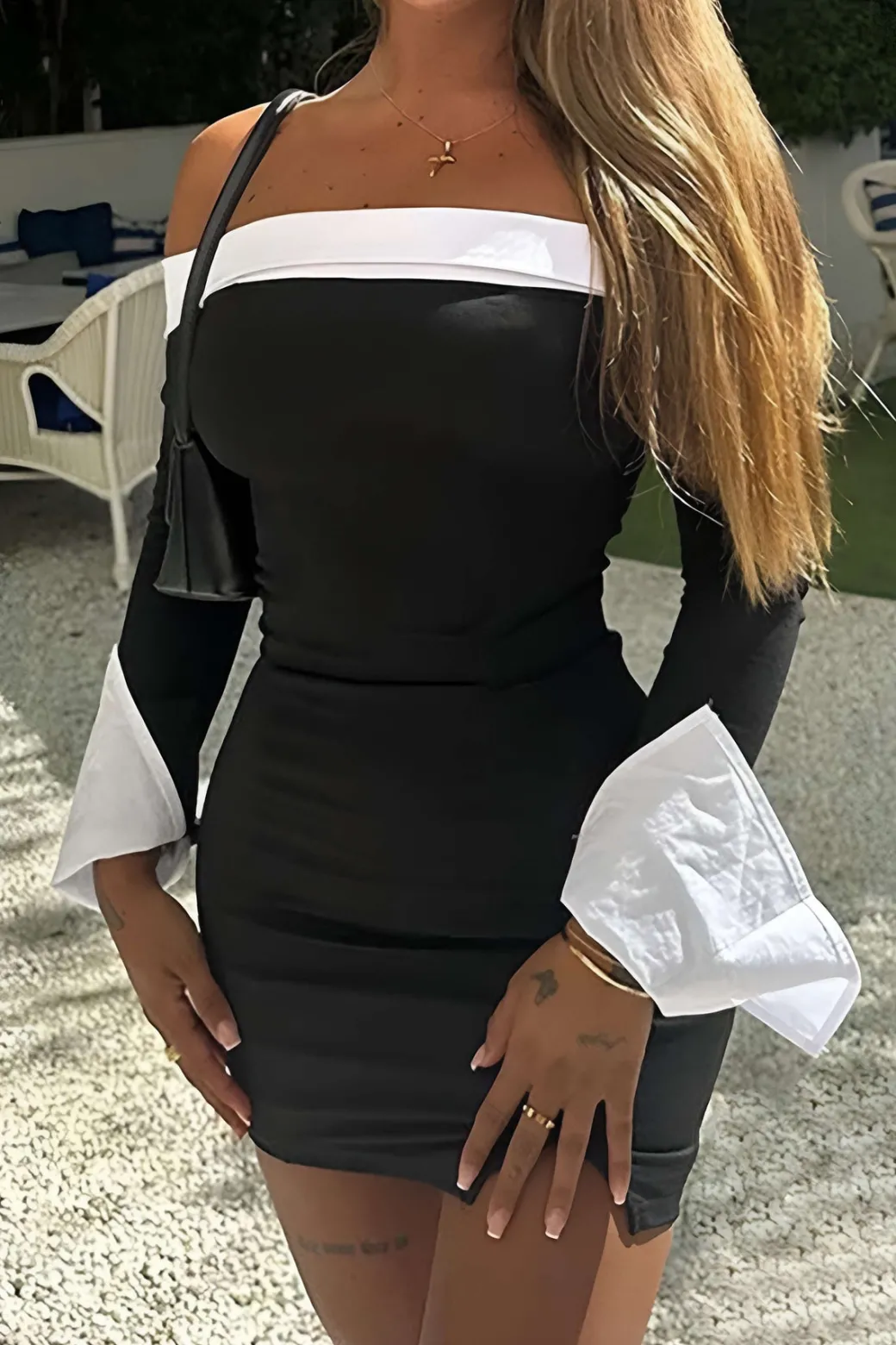 Discount Patchwork Long Sleeve Off Shoulder Mini Dress Mini Dresses | Long Sleeve Dresses