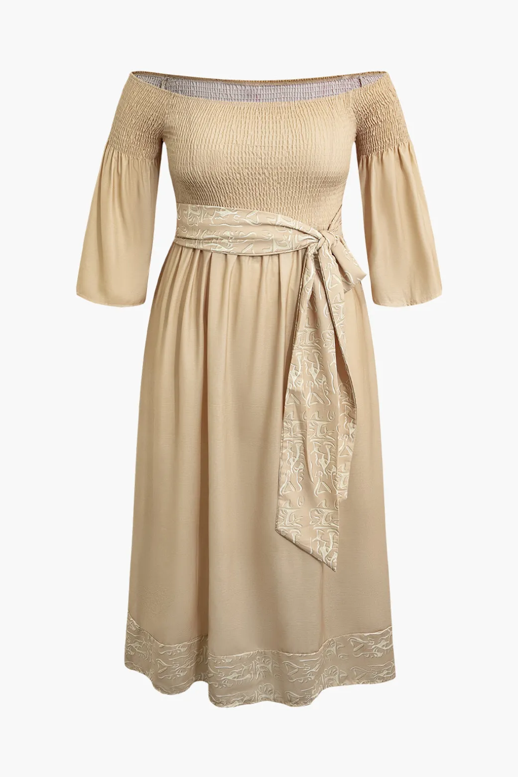 Discount Plus Size Off Shoulder Smocked Maxi Dress With Belt Long Sleeve Dresses